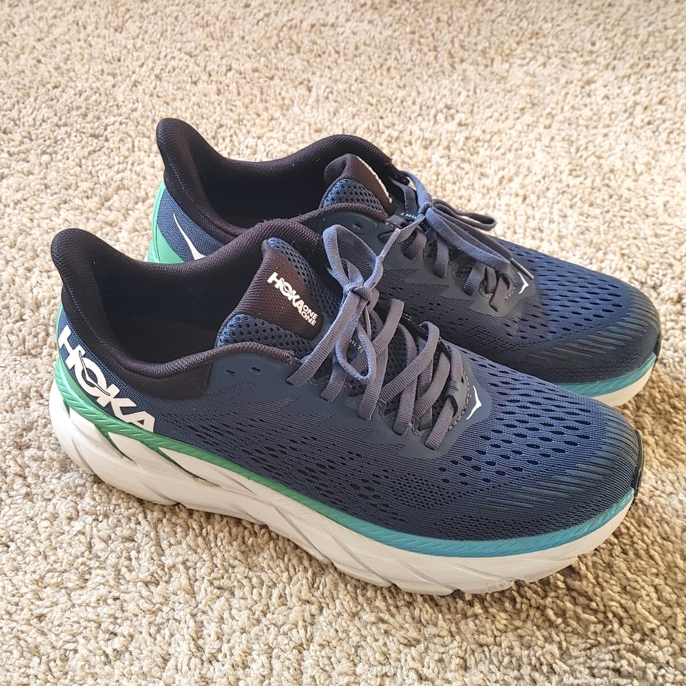 Mens 9.5 Hoka One One Clifton 7 blue green sneaker running shoe